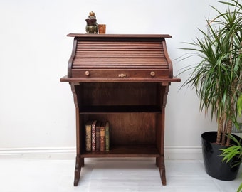 Small Vintage Oak Roll Top Students Desk Bookcase Bureau Secretaire