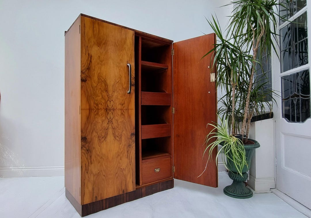 Vintage Walnut Gentlemans Wardrobe Tallboy Cupboard Hall Robe Art Deco ...