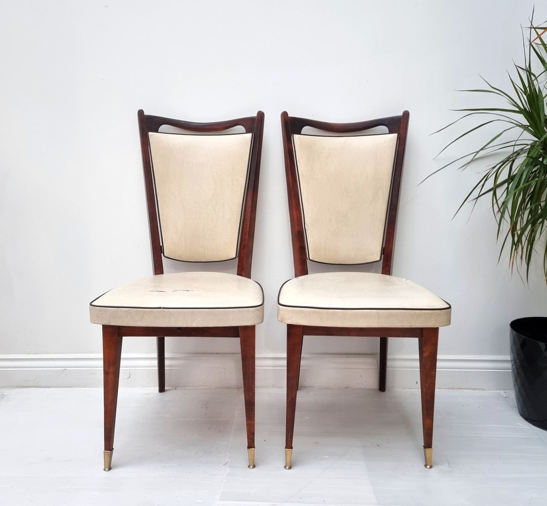 1950s Vintage Dining Chairs Set of Four Beech Brass and Vinyl French