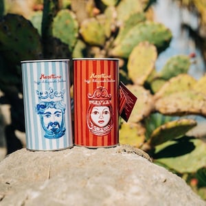 May include: Two cylindrical coffee containers with the text "Morettino Caffe Artigianale Siciliano". One container is light blue with vertical stripes and a blue face illustration. The other is red with vertical stripes and a face illustration.