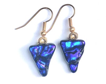 Blue ripple dichroic glass earrings