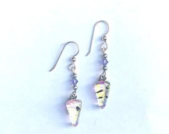 Dichroic glass triangles and Swarovski bead drop earrings-holiday gift for her