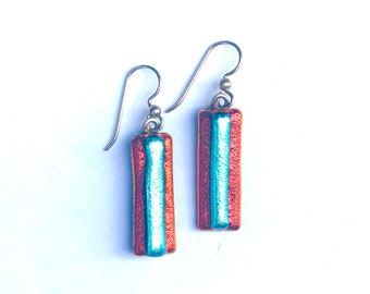 Red and silver dichroic glass dangle earrings-Gift for her