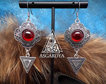 Boucles d'oreilles viking, nordique - Collection Oracle - argent et rouge - bijoux femme cadeau - ethnique - guerrière, médiéval, ancien