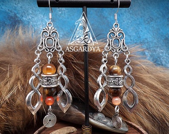 Pendientes vikingos Colección Astrid - Perlas naturales largas y colgantes - Triquetra - plata - regalo de joyería para mujer