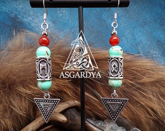 Pendientes vikingos Colección Thor - Perlas naturales largas y colgantes - flecha, runas - azul y plata - regalo de joyería para mujer