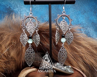 Pendientes vikingos Colección Heimdall - Perlas naturales largas y colgantes - hojas - plata - regalo de joyería para mujer