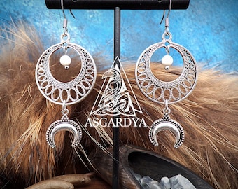 Orecchini vichinghi, nordici - Collezione Oracle - corna, perle naturali - argento - regalo di gioielli da donna - celtici - etnici