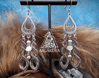 Boucles d'oreilles viking, nordique - Collection des elfes - Longues, perles naturelles - argent - bijoux femme cadeau - celtique - mariage