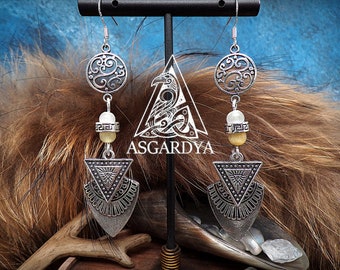 Orecchini vichinghi Collezione Skadi - Perle naturali lunghe e pendenti - frecce, triangoli - argento - regalo di gioielli da donna