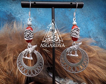 Boucles d'oreilles viking Collection Fenrir - Longues et pendantes, perles naturelles - loup - bijoux femme cadeau