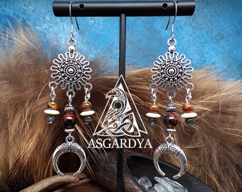 Boucles d'oreilles viking, nordique - Collection Fafnir - cornes, perles naturelles - argent - bijoux femme cadeau, mariage