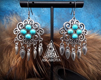 Boucles d'oreilles viking, nordique - Collection Valkyrie - Turquoise - argent - bijoux femme cadeau - ethnique - guerrière