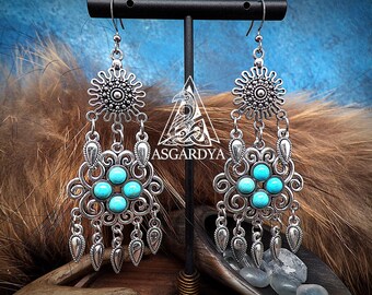 Boucles d'oreilles viking, nordique - Collection Valkyrie - Turquoise - argent - bijoux femme cadeau - ethnique - guerrière