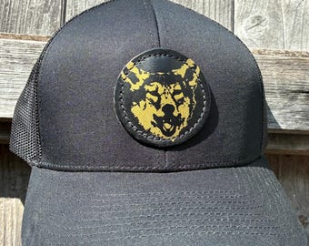 Lachender Wolf Leder Patch Trucker Cap - Schwarze Baseballkappe