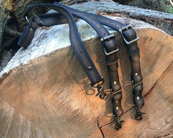 Distressed Brown and Black Leather Suspenders with antique brass hardware