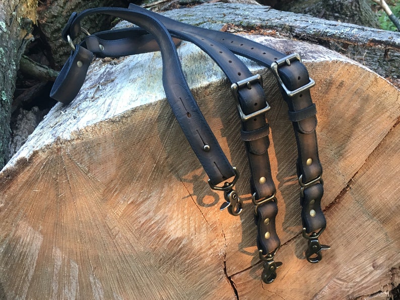 Distressed Brown and Black Leather Suspenders With Antique Brass