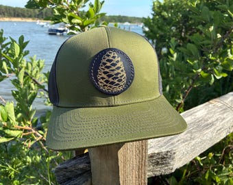 Pinecone Leather Patch Trucker Hat: Moss Green Baseball Cap