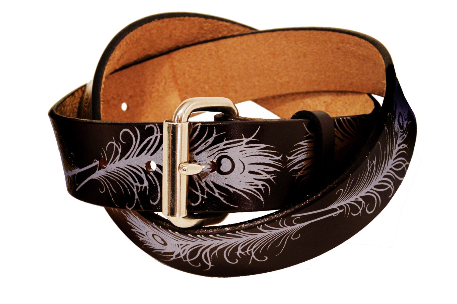 Peacock Feather Leather Belt: Artisan Handmade Veg Tan Belt 