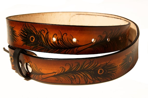 Peacock Feather Leather Belt: Artisan Handmade Veg Tan Belt  display picture 1