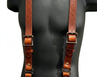Brown Leather Suspenders: Hand Sewn Y-Back Work Suspenders