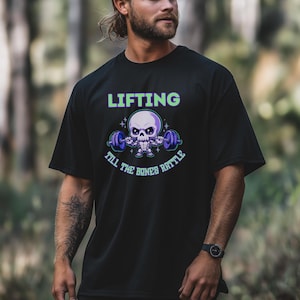 Skeleton Chibi Weightlifting Tee, Funny Workout Shirt, Gym Graphic T-Shirt, Fitness Apparel, Skeleton Lifting Bones Rattle, Exercise Top