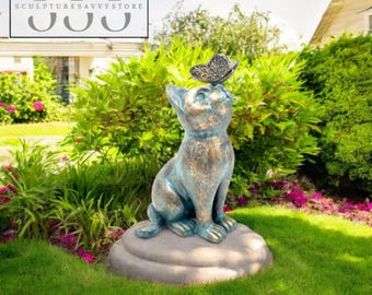 Cat and Butterfly Garden Statue – Whimsical Outdoor Figurine, Yard Ornament, Gift for Cat Lovers