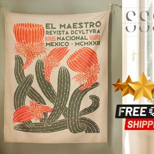 Kaktus Blume Tapisserie Kunst | GROSSE Wandbehang | Druck mit Blumen | Boho Hippie Dekor | Psychedelisches Retro Poster