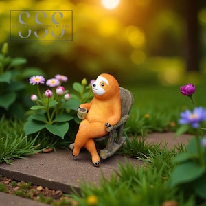 Puede incluir: Figura de perezoso naranja sentado en una mecedora de madera, sosteniendo una taza pequeña. El perezoso tiene una cara blanca y está situado en una escena de jardín con flores y vegetación. Un artículo decorativo caprichoso.