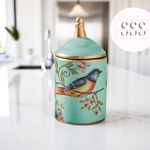 Retro Ceramic Kitchen Canister | Fancy Storage Jars | Painted Bird Detail Design | Tea, Sugar, Candy Pots | Rustic Home Decor