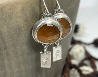 Golden Rutilated Quartz and Hand Stamped Silver Earrings