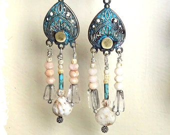 Opal fringe earrings, Mother’s Day gift, elegant hand patina-ed chandelier earrings