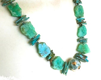 Chrysoprase and turquoise statement necklace, rustic raw stone necklace,