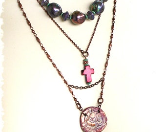 Multi-strand necklace Mother's Day, spring jewelry, spirit faith hope talisman cross and pearls jewelry, gift for women