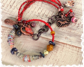 Western-style charm bracelet, cowgirl gift, heart and horse wrap bracelet, Texas boho jewelry gift