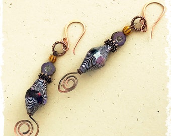 Stacked bead earrings, hand hammered copper spirals, lightweight carved beads faux stone