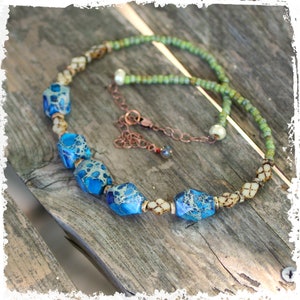 Blue impression jasper nugget necklace, adjustable short boho stone necklace, gift for her, southwestern style, adjustable necklace image 3