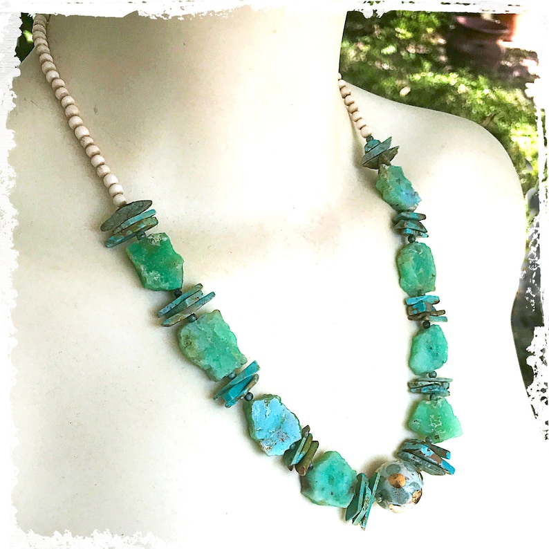 Chrysoprase and turquoise statement necklace, rustic raw stone necklace, image 1