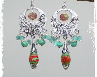 Colorful gypsy chandelier earrings, shabby chic fringe earrings, Mothers Day gift, unusual handmade