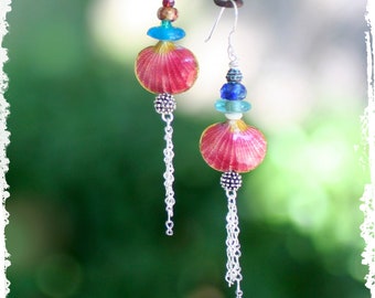 Mismatched shell earrings in pink and turquoise, Colorful Boho gift for her, Mixed media assemblage, Retro Guilloche enamel