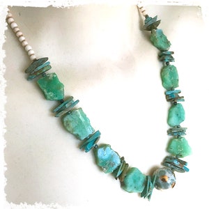 Chrysoprase and turquoise statement necklace, rustic raw stone necklace, image 5