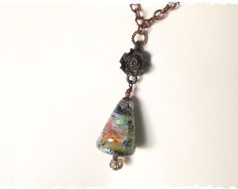 Rustic faux raku bell pendant necklace, celebration totem, gift for wife, girlfriend gift