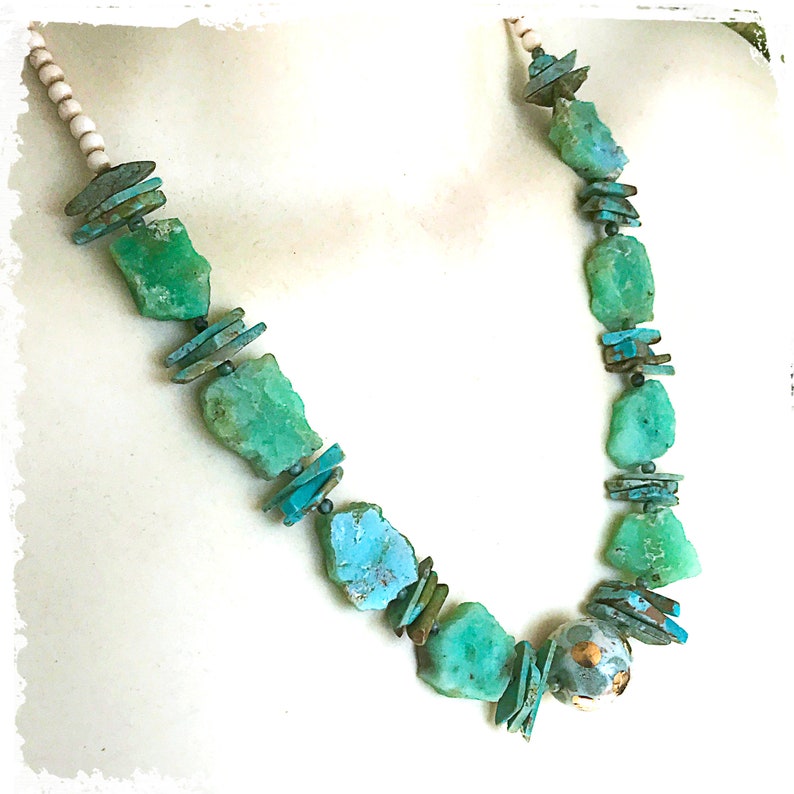 Chrysoprase and turquoise statement necklace, rustic raw stone necklace, image 4
