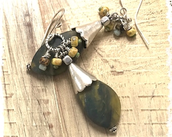 Green gemstone earrings with fringe/dangles, matte pietersite gemstone, neutral colors
