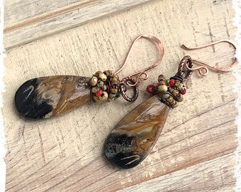 Beaded earrings, wire wrapped palm root gemstones, western southwestern style