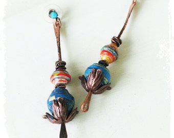 SOLD jodi-Long tribal earrings, boho copper paddles with colorful paper beads, bohemian jewelry for women, gift for her
