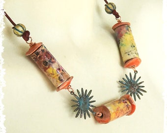 Texas starburst necklace colors of western sunset - artisan tube beads bone leather, rustic earthy short boho necklace,