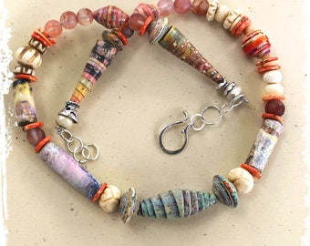 OOAK artisan necklace with handmade beads, urban primitive handcrafted jewelry, Mother's Day gift,