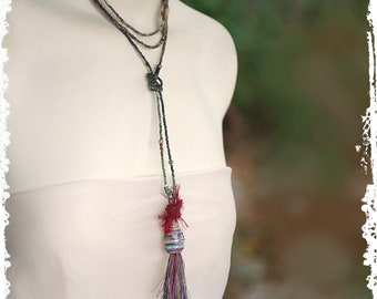 Boho Tassel Pendant with Beaded Necklace, Layer or Wrap Necklace or Bracelet, Tassel Necklace Pendant, Gift for Women Multi-color