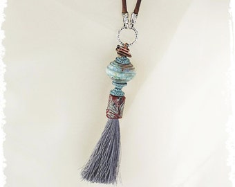 Southwestern tassel necklace, gift for cowgirl, assemblage on leather cord,